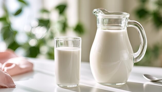 Refreshing dairy drink poured into a glass and pitcher
