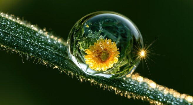 Dewdrop magnifies yellow flower and green grass with sunburst