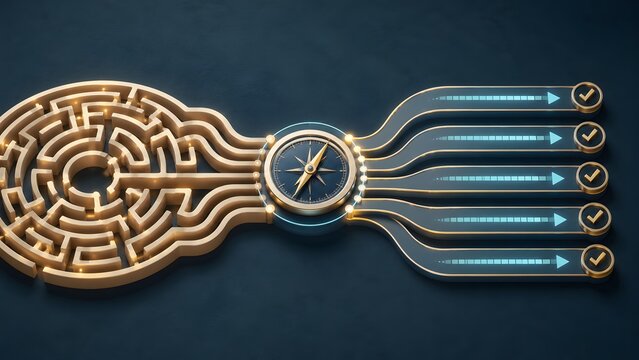 Business strategy concept showing golden maze transforming into straight organized checkmark paths guided by a navigation compass
