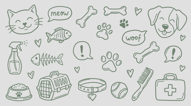 Doodle set of pet supplies and accessories, including cat and dog faces, bones, paw prints, and toys