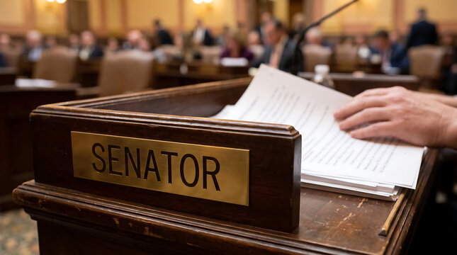 Close-up of a senator's wooden desk featuring a brass nameplate and legislative documents for political news, government articles, and legal presentations.