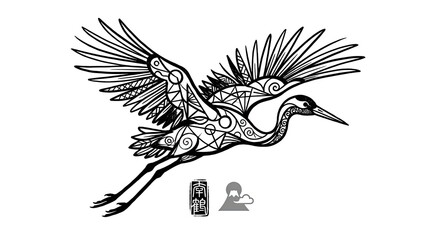 Obraz premium Stylized Japanese crane bird with intricate line patterns.