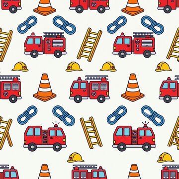 Firefighters and rescue equipment seamless pattern. Emergency vehicles, ladders, and safety gear vector illustration background.