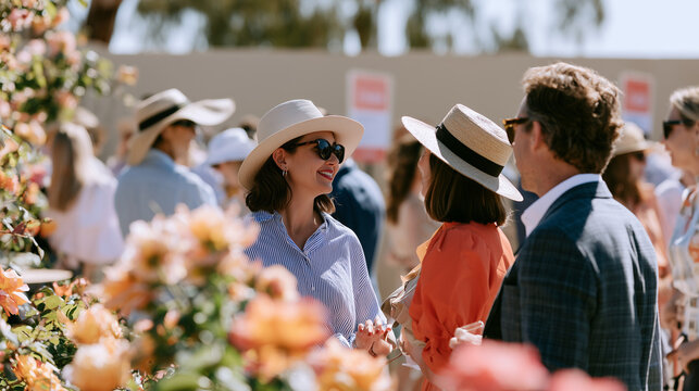 Socializing People Wearing Stylish Fashionable Hats at a Beautiful Outdoor Spring Racing Carnival Event