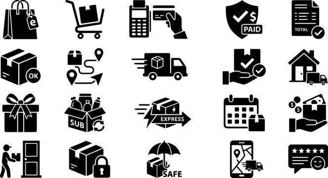 Black and white delivery and shopping icons set
