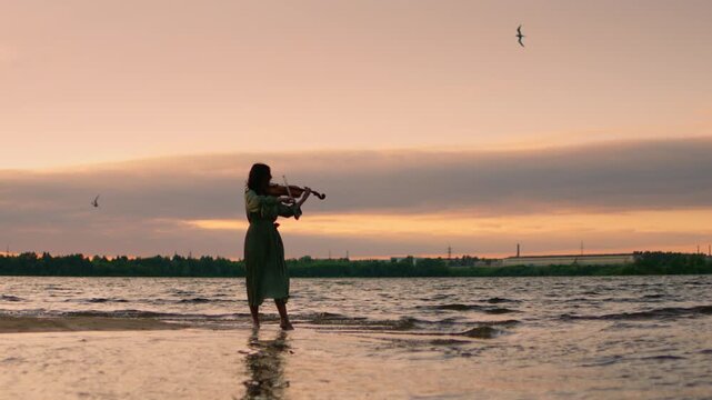 Solitary woman playing violin in shallow lake water at tranquil sunset, silhouetted against pastel sky with distant shoreline and soft rippling reflections