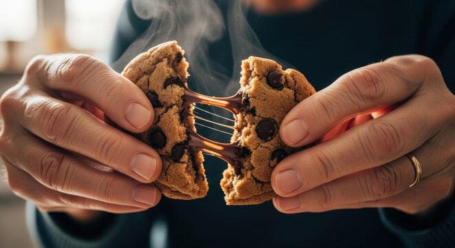 Hands breaking apart chocolate chip cookie.
