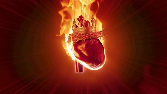 Sacred Heart engulfed in radiant flames, Christian represents divine love, sacrifice, faith, redemption