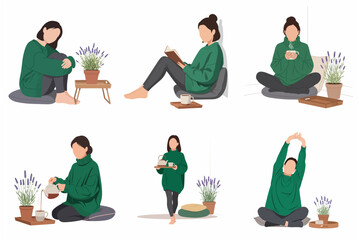 Fototapeta premium Set of flat illustrations of a woman enjoying cozy home activities like reading, drinking tea, and relaxing in a hygge lifestyle theme.