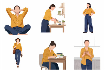 Fototapeta premium Collection of Faceless Woman Character Illustrations in Various Daily Routine Activities and Poses