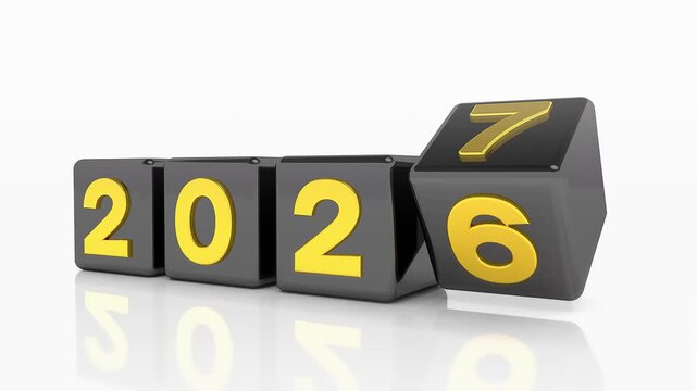 Video animation of black cubes and the years 2026 and 2027 in gold on a white reflective background - represents the new year 2027 - vacation concept.