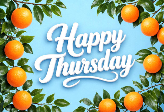 Bright happy thursday greeting card with fresh oranges and green leaves design