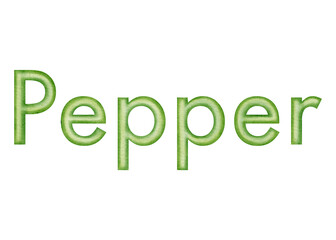 Naklejka premium andwritten word Pepper with watercolor texture. Green hand drawn lettering isolated on white background for food design, kitchen and menu decor.