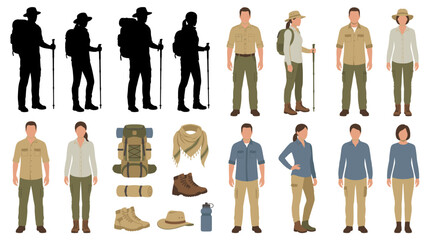 Set of vector collection featuring different man and woman wearing stylish desert adventure outfits, lightweight safari clothing, breathable long-sleeve shirts, cargo pants, hiking boots © mehdik