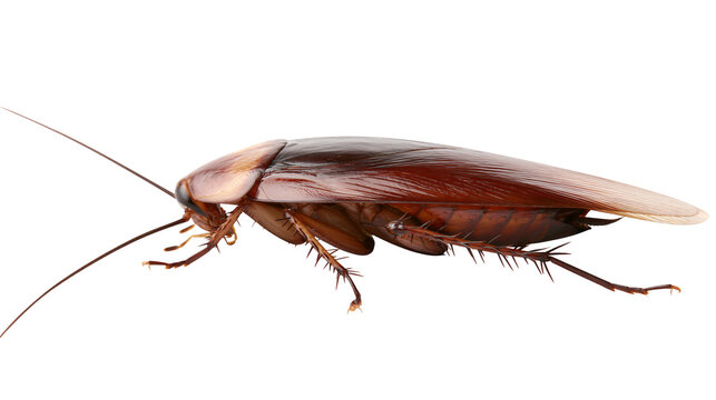 Brown cockroach with long antennae, isolated on transparent background