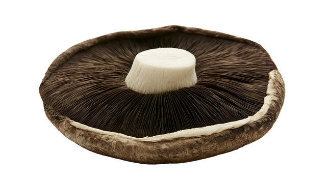 Portobello mushroom cap with dark brown gills and white stem, isolated on transparent background