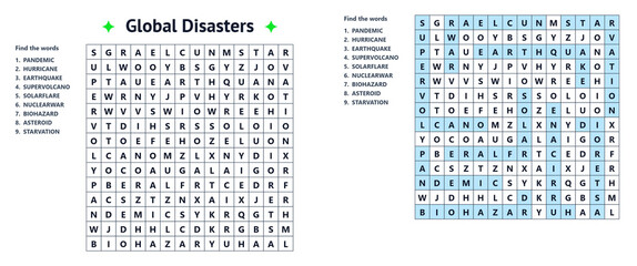 Global disasters word search puzzle grid with highlighted answers  