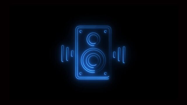 Blue neon speaker icon glowing on black background for audio sound music or loudspeaker.4k animation