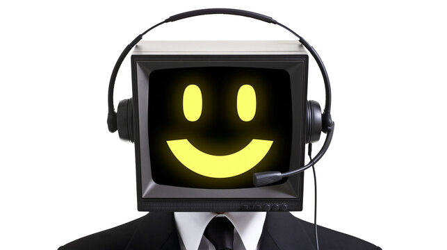 Retro computer monitor head with smiley face and headset, isolated on transparent background