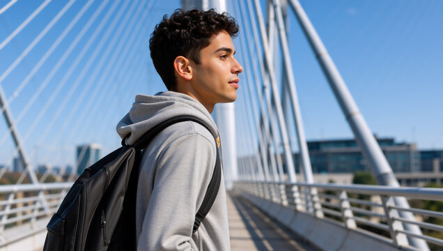 Young man with a backpack standing on a modern pedestrian bridge. Male student in a grey hoodie looking away in an urban city setting