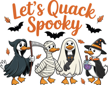  Cute Halloween duck design featuring four ducks dressed as a grim reaper, mummy, ghost,