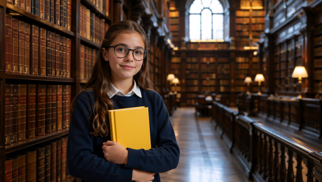 Teenage girl with glasses holding a yellow book in a grand library. Portrait of a student standing in a historic library surrounded by bookshelves. Education and reading concept