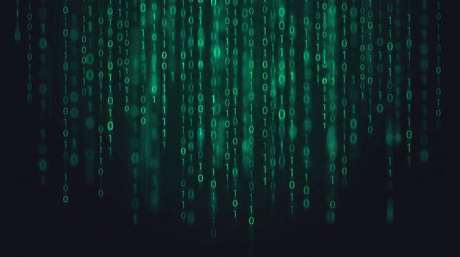Abstract digital binary code data stream background with glowing green numbers falling down in a futuristic matrix style