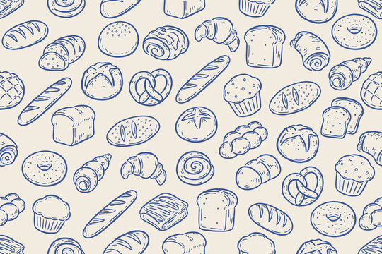 Bakery line icon seamless pattern on brown background