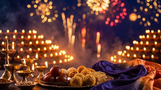Glowing Indian diyas and mithai sweets set against a festive deep blue night.