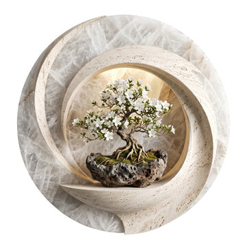 Small bonsai tree with white flowers in a decorative circular wall shelf