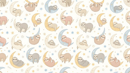 Fototapeta premium Seamless pattern with cute sloths sleeping on crescent moons.