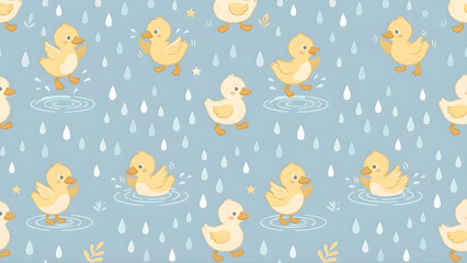 Fototapeta premium Seamless pattern with cute yellow ducklings playing in the rain.