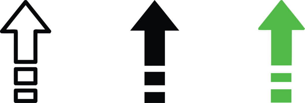 Set of three upward pointing arrows in varied graphic styles for digital interface design with direction navigation pointing progress interface collection business movement