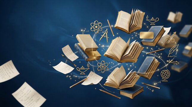 Collection of open books and educational symbols floating on dark blue background