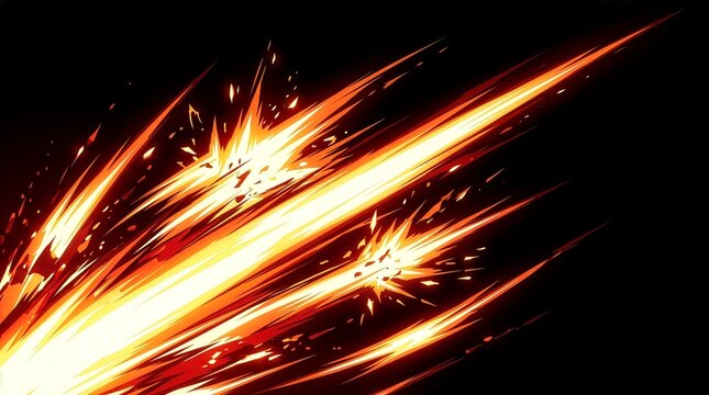 Dynamic abstract energy beams exploding with bright orange light streaks on solid dark background