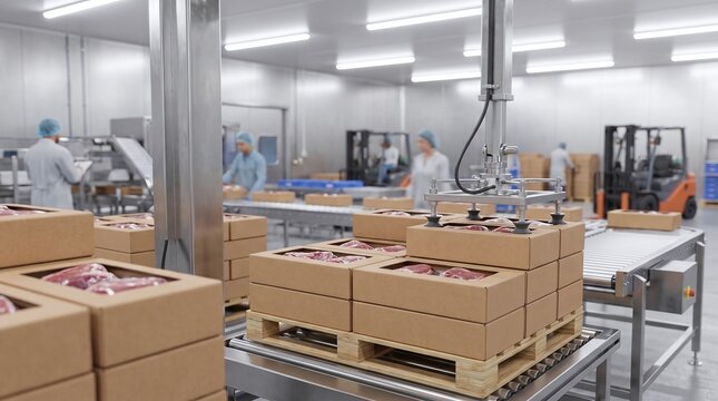 Meat production line with packaged goods moving on conveyor belts and workers overseeing operations