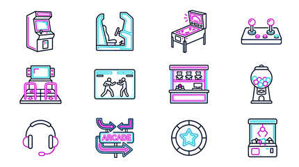 Retro Arcade Game Icons: Pinball, Fighter, Racer, Claw Machine, Gumball, Joysticks © Santoso Yudi