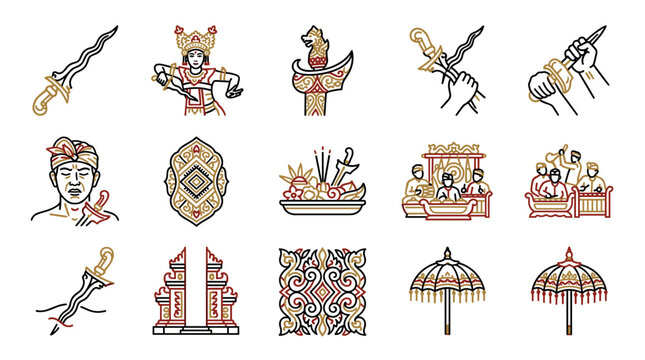 Indonesian Culture Icons: Kris Dagger, Traditional Dancer, Temple Gate, Umbrella