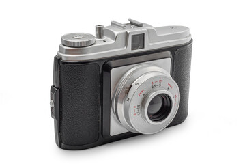 Fototapeta premium Vintage folding camera with round lens isolated on white background, classic retro photography. Side view.