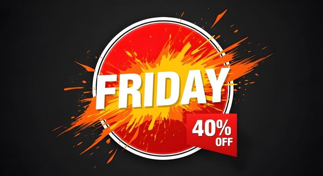 Black Friday explosive sale banner with fiery discount burst. Dynamic 40 percent off promotion graphic for e-commerce and retail marketing.
