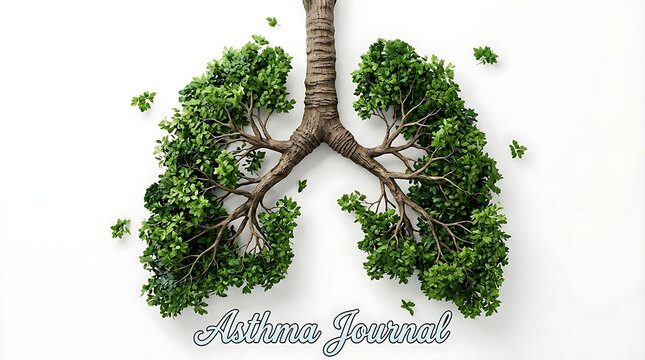 Conceptual illustration of human lungs made from tree branches and green leaves representing healthy breathing
