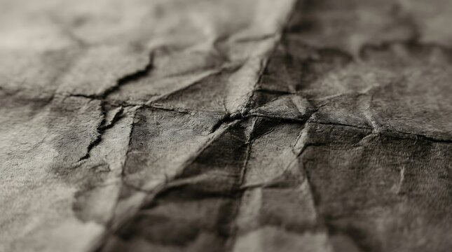 Closeup of a dark, weathered, and heavily creased piece of paper with a rough, textured surface and deep shadows, creating a dramatic, aged aesthetic