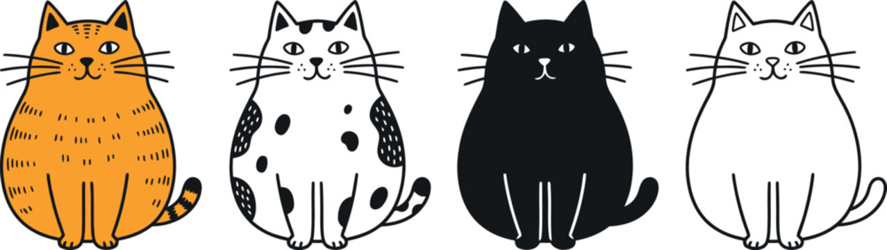 Four different fat cats sitting in a horizontal row with illustration