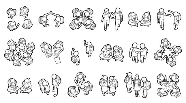 Isometric children top view interacting school CAD block collection
