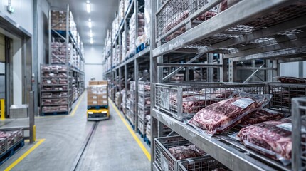 Fototapeta premium Packed raw meat cuts in vacuum sealed packaging stored on industrial metal shelves in a cold storage warehouse