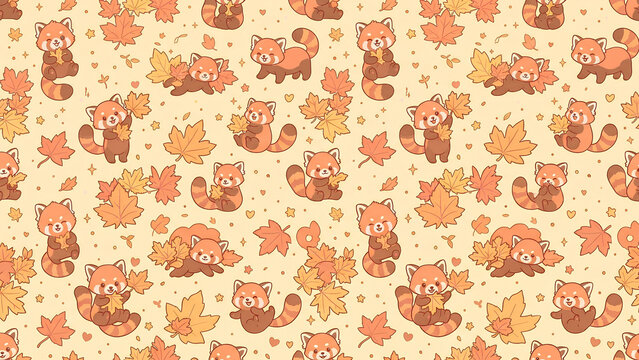 Seamless pattern with cute red pandas and autumn leaves.