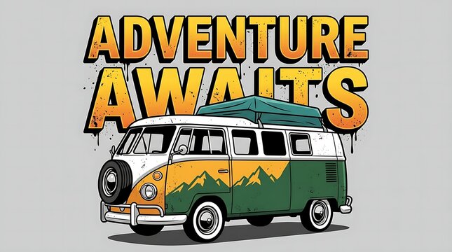 Retro illustration of a vintage camper van featuring a mountain graphic and adventure awaits lettering