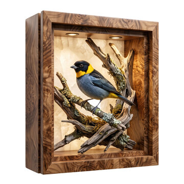 Small tropical bird perched on a wooden branch inside a decorative lighted wooden box frame