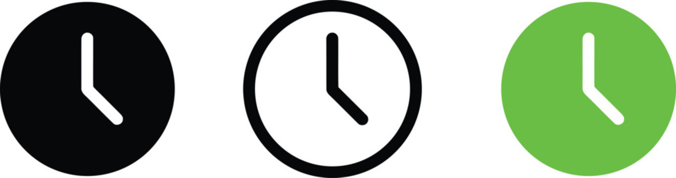 Clock face time icons in solid black outlined white and green circular styles with schedule deadline management business interface collection clockface duration