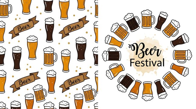 Cute hand drawn beer festival pattern and circular frame design for seasonal pub event promotions